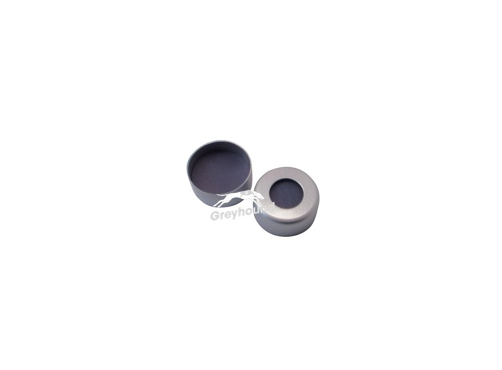 Picture of 11mm Aluminium Crimp Cap, Silver with Grey PTFE/Cream Butyl/Grey PTFE Septa, 1mm, (Shore A 55)
